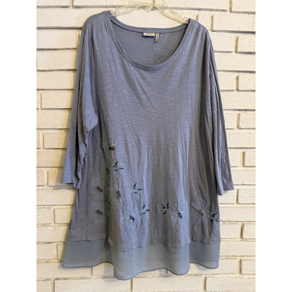 LOGO By Lori Goldstein Top Slub Gray Knit Embellished Trim A262455 Size XL